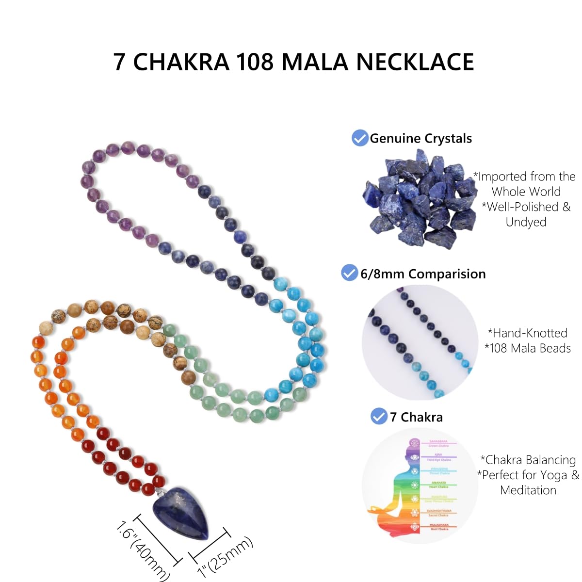 COAI Collar Rosario Japa Mala 108 Cuentas de Piedras Naturales Anudadas a Mano y Colgante Corazón Estilizado, Collar Piedras Naturales Hombre Mujer