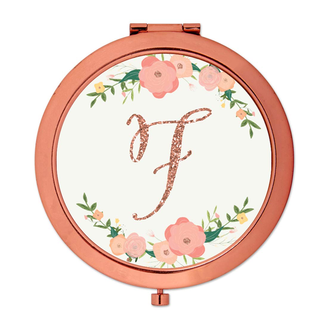 Andaz Press Rose Gold Compact Mirror Bridesmaid's Wedding Gift, Peach Pink Florals with Faux Rose Gold Glitter, Monogram Letter F, 1-Pack, Bachelorette Bridal Shower Wedding Party Gifts