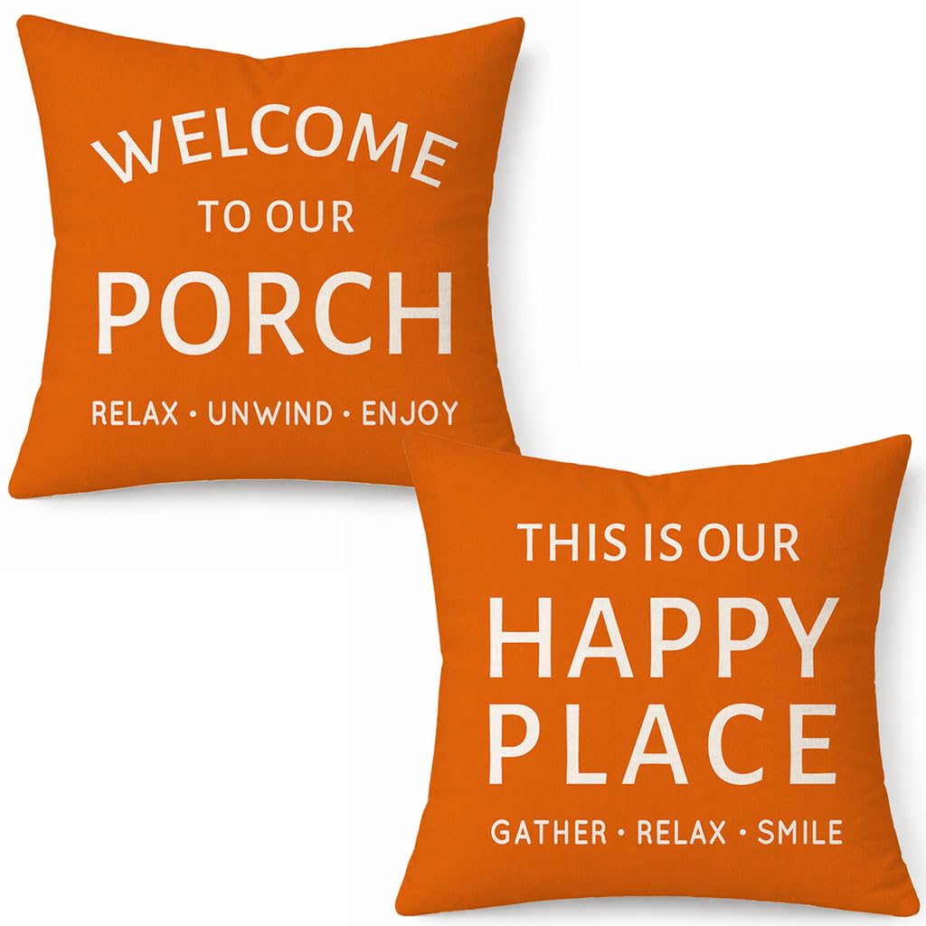 HERHOME Outdoor Farmhouse Decorative Throw Pillow Covers 18x18 Inch Set of 2 Welcome to Our Porch This is Our Happy Place Orange Cushion Case Spring