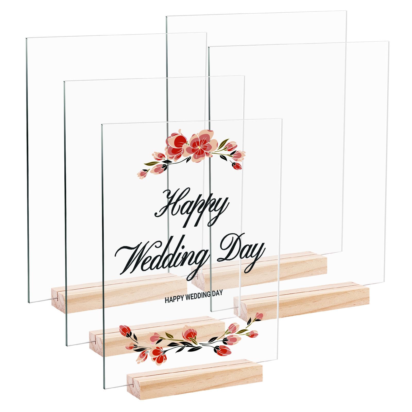 Bercoor 5 Pack 8x10 Inch Blank Clear Acrylic Sign with Wooden Stands, Rectangle Top Acrylic Sheet, DIY Acrylic Rectangle Table Numbers for DIY Name Card Gifts Event Party Sign Decoration