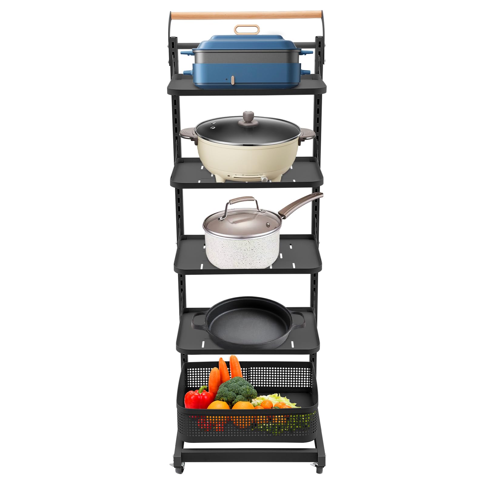 LyeXD 5-Tier Pot and Pan Organizer Rack, Floor Mount Pot Rack Kitchen Cabinet Organizer Corner Cabinet Organizer w/Wheels, Rolling Pot Storage Rack with 360°Swivel Casters (Black)