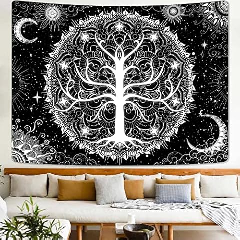 Lifeel Tree of Life Tapestry Wall Hanging, Black and White Starry Sky Tapestries With Aesthetic Sun Moon Star and Galaxy Space for Bedroom Home Decor 50x60 inch (130cm×150cm) Cover
