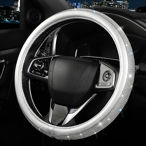 Miniatura 2 de Funda para volante de cuero con diamantes de imitación de cristal, transpirable, antideslizante, ajuste universal de 14 a 15 pulgadas, accesorios de