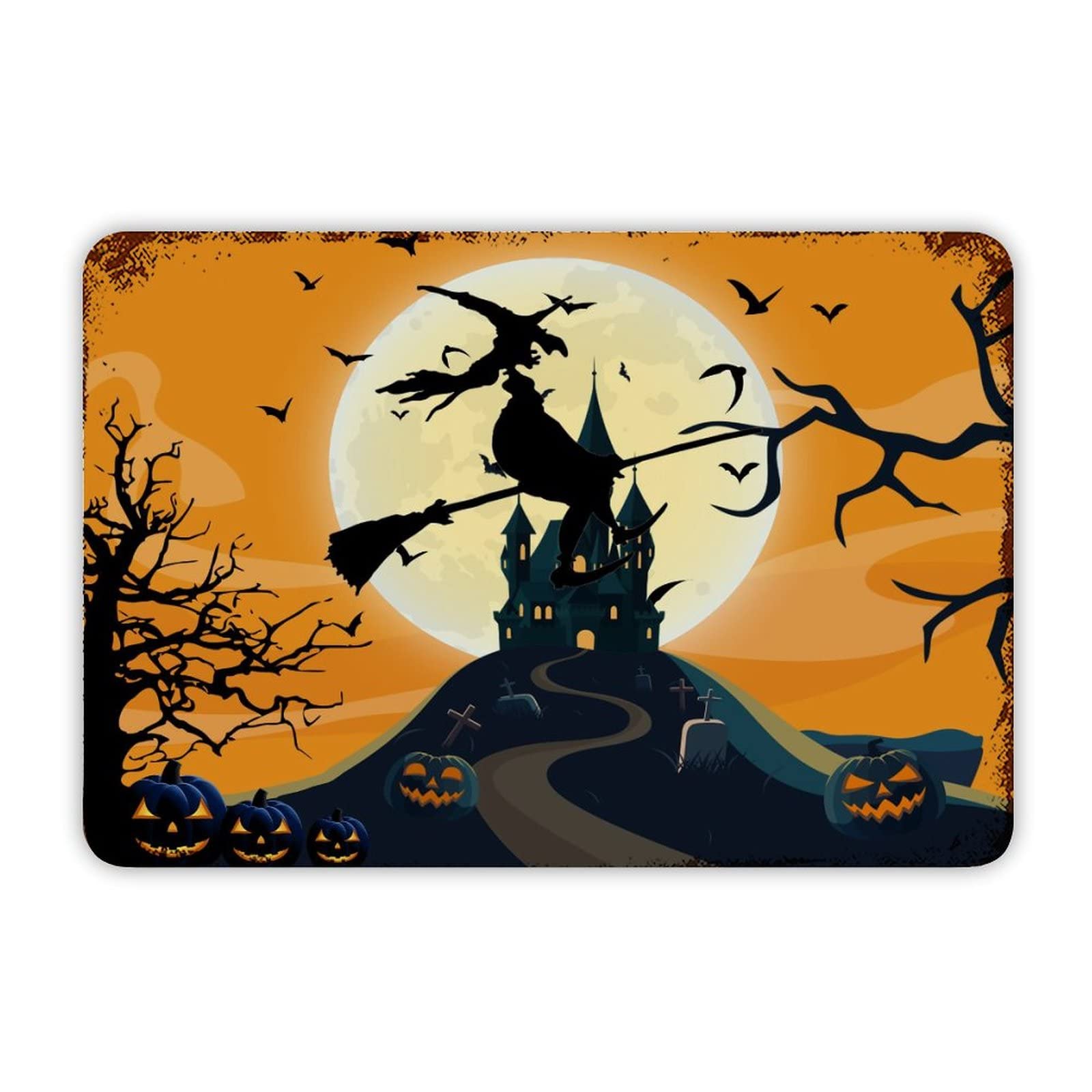 ENEDNATE Happy Halloween Flying Witch Castle Bats Ghosts Grave Aluminum Tin Sign 8x12 Waterproof Vintage Metal Sign for School Office Classroom Gate Garage Garden Home Wall Decor Gift
