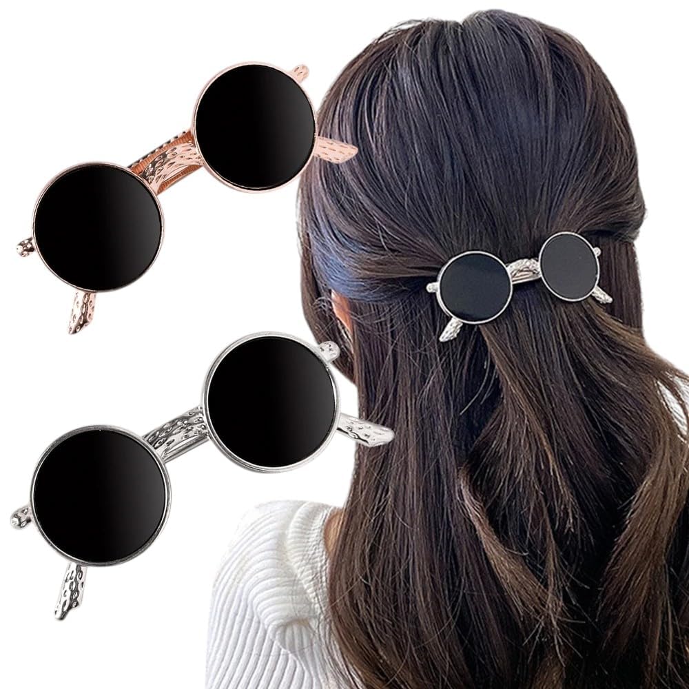 Vintage Sunglasses Hair Clips Pack of 2 - Mini Retro Round Eyeglasses Barrettes (Silver & Gold) - Quirky Y2K Metal Hair Accessories for Women, Teens, and Girls-image-9