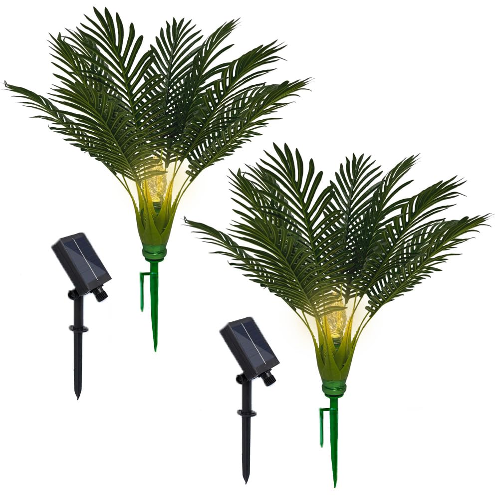 2 Pack Solar Palm Tree Lights,Outdoor Artificial Plants with Ground Light outdoor, 8 Lighting Patterns
