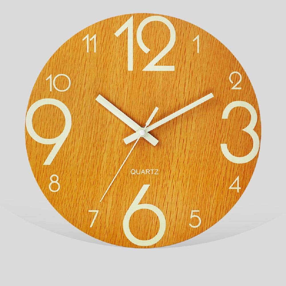 JUNFENG Luminous solid wood wall clock living room simple clock mute round home decorative clock No tick bedroom children's room office quartz clock-Original wood color large numbers + luminous