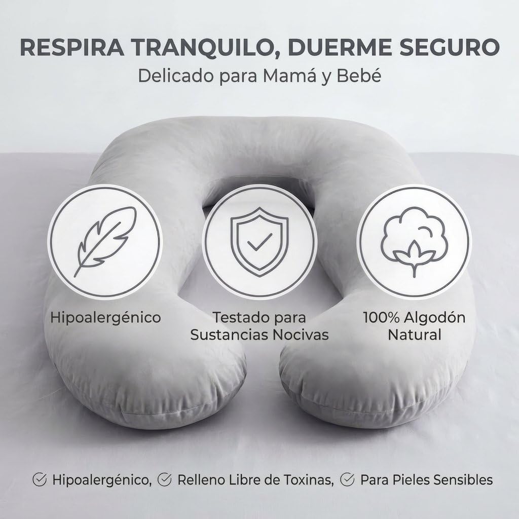 SMOOTHY® Almohada Embarazo en U 120x70 cm - Funda Algodón Lavable | Relleno de fibra de silicona que recupera su forma - sin cremallera que se rompa - ideal para dormir de lado y lactar