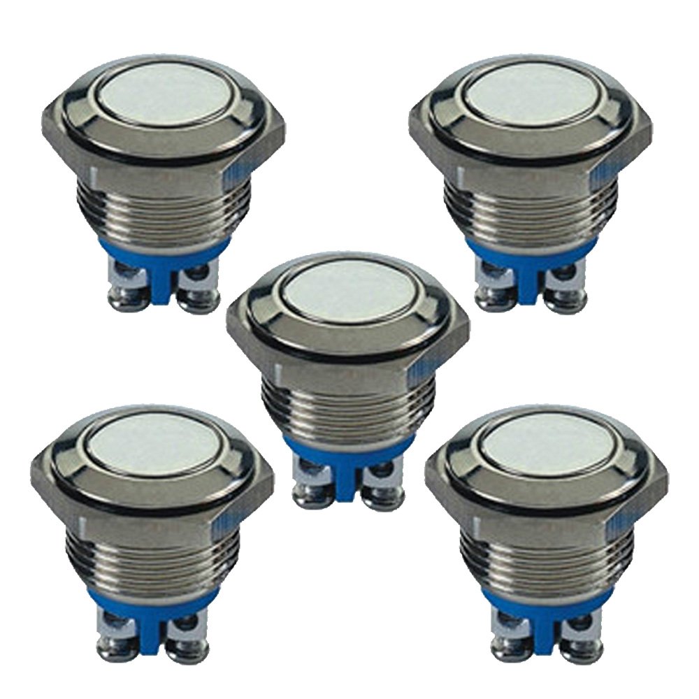 Mintice 5 X Car Auto Vehicle 16mm Momentary Toggle Switch Metal Push Button Switch Press Switch 3A/250V 2Pin Stainless Steel High Top