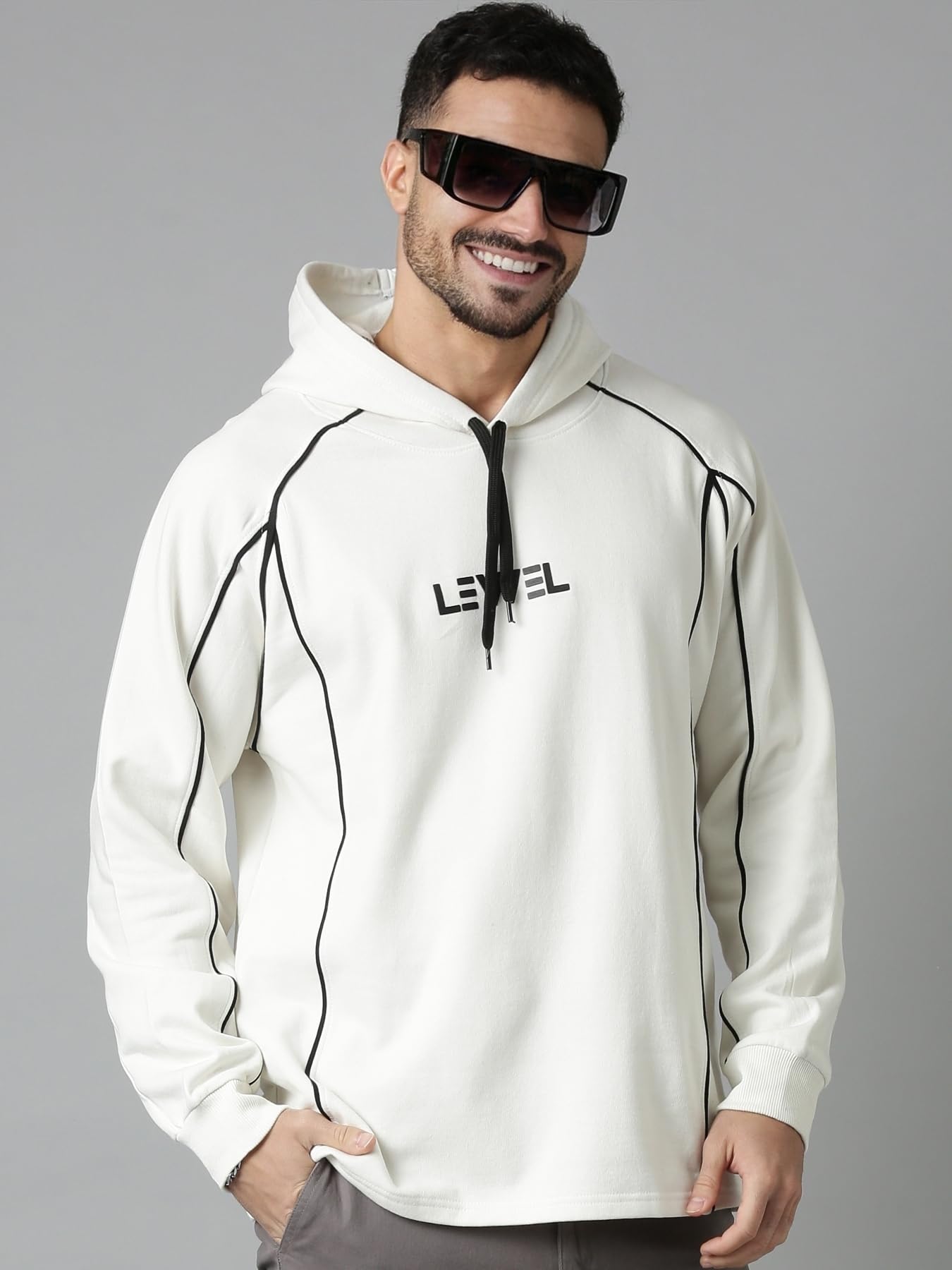 Men's Stylish Multi Panelled Self Design Full Sleeve Hooded Sweatshirt (White)-image-17
