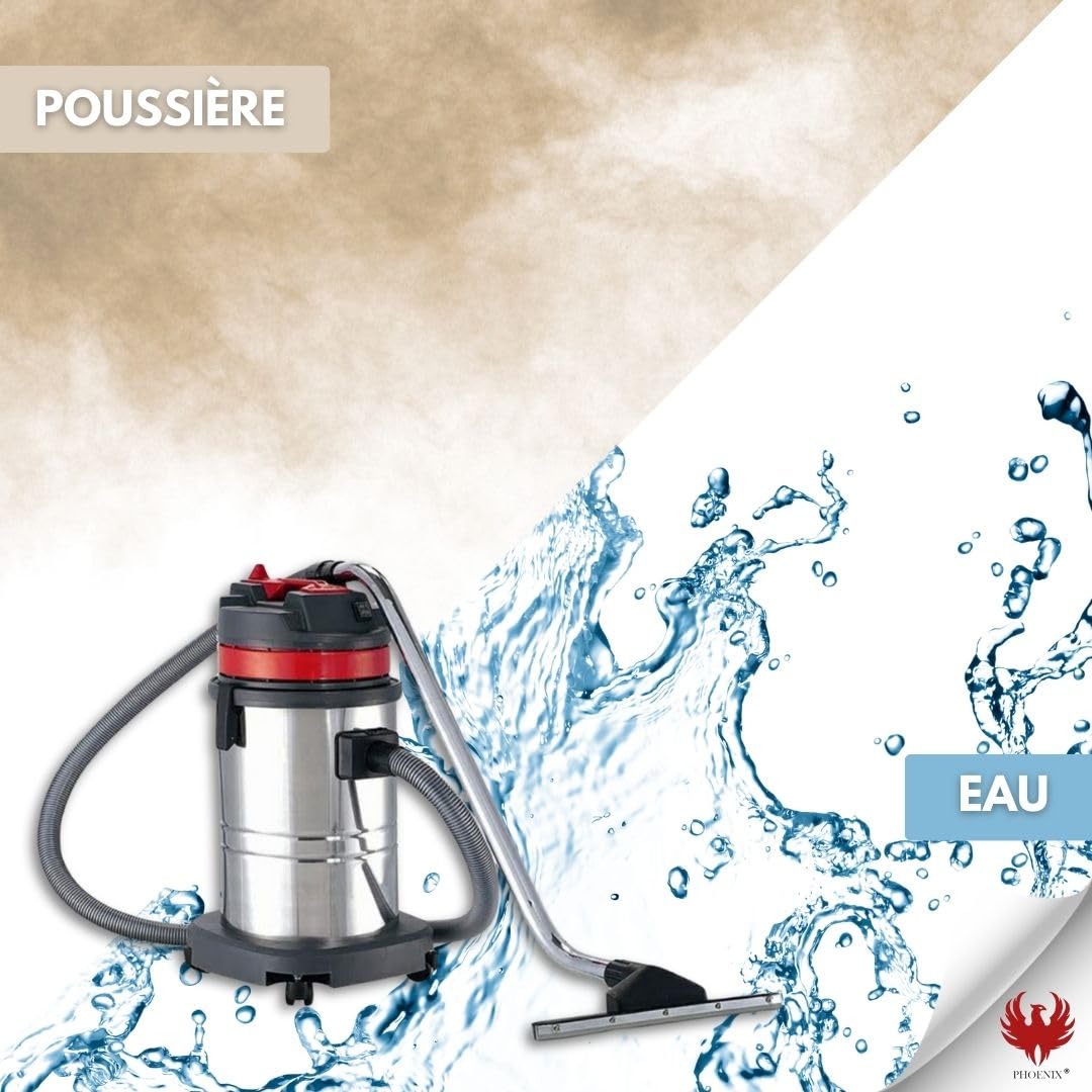 Phoenix - Aspirateur Eau et poussière 30L, Aspirateur Chantier Puissant 1000W - réservoir INOX - Accessoires Inclus câble 7m - 1 Moteur