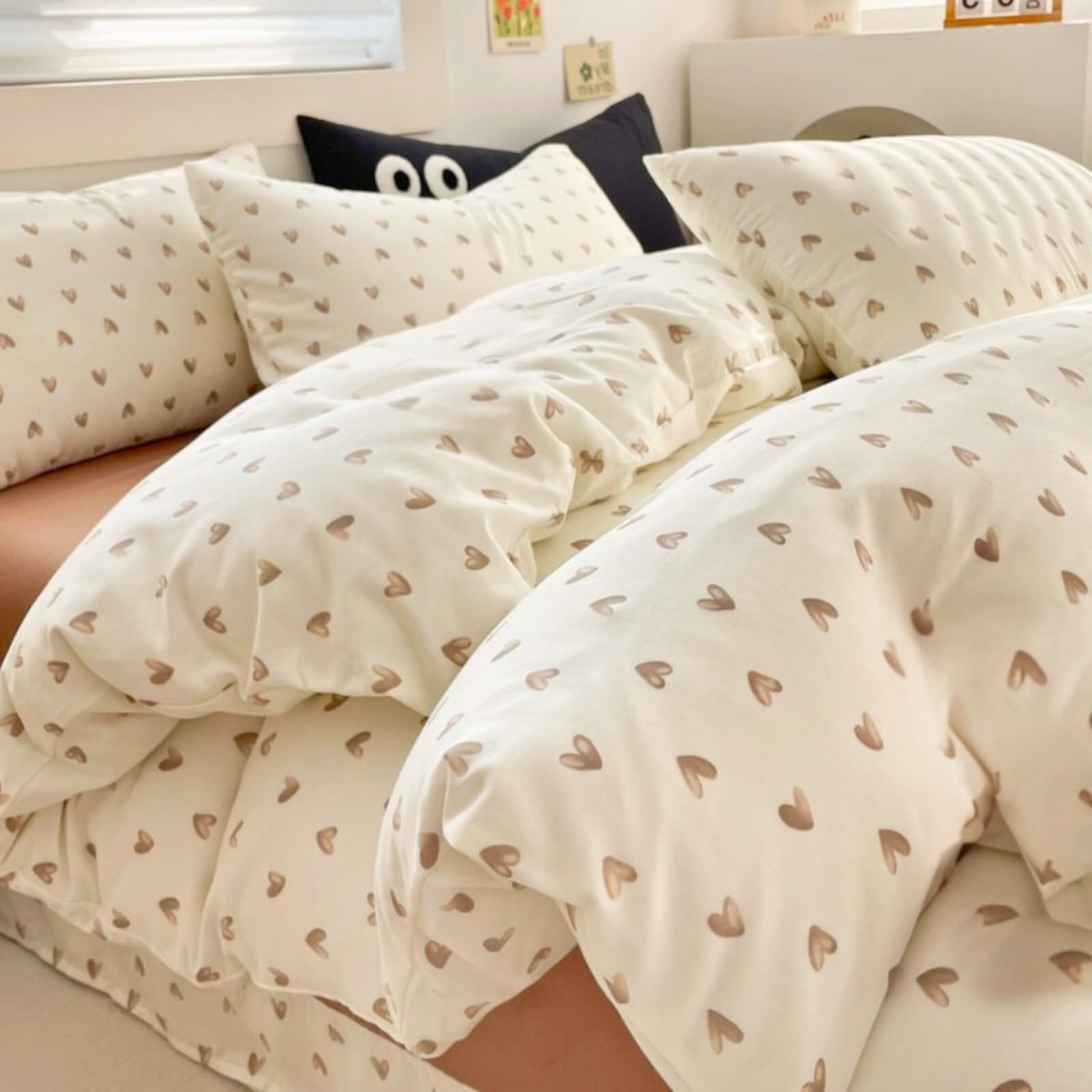 Michorinee Double Duvet Cover Set White Brown Heart Print Beige Bedding Set Kawaii Style Girls Aesthetic Cute Renforce Microfibre Quilt Cover 200x200 cm with Zipper Closure Pillowcase 50x75 — image 1