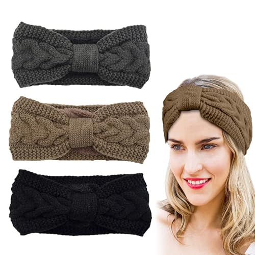 Scettar 3 stück Stirnband Damen Winter, Fleece Haarband Damen Warm Stirnband Ohrenschützer für Alltag, Laufen, Skifahren (Schwarz, Grau, Khaki) Cover