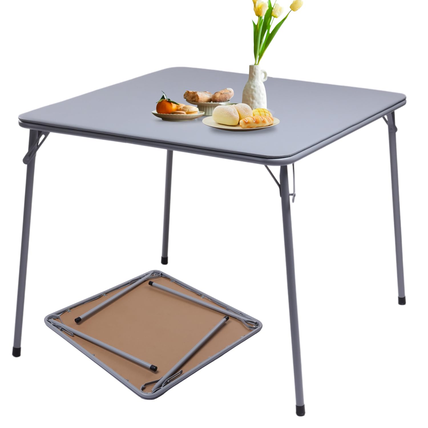 FurnitureR Square Folding Table, Multi-Functional Card Table 33.9", Portable and Foldable for Indoor/Outdoor Use, PVC Tabletop with Metal Frame, No Assembly Required, Grey