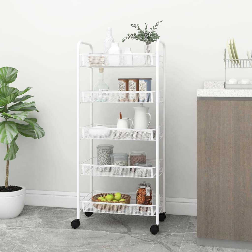 Carrito de cocina blanco con 5 niveles de hierro 46 x 26 x 105 cm, carrito de servicio con ruedas, carrito auxiliar para cocina, baño, oficina, organizador de espacio para isla de cocina y