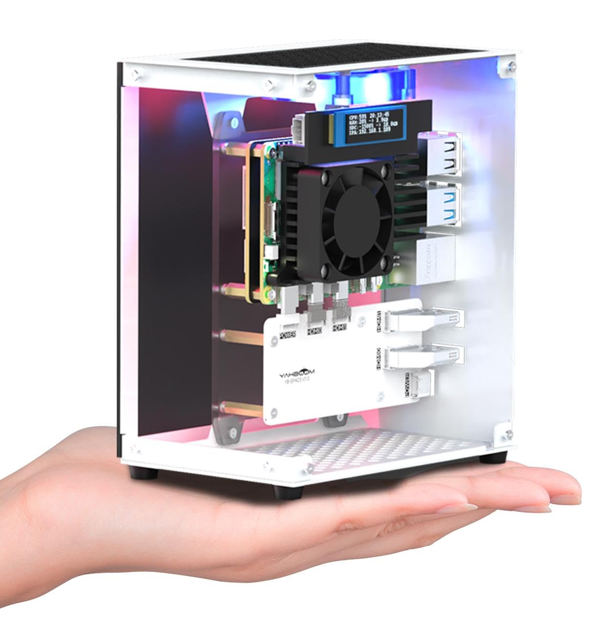YahboomRaspberry Pi 5 M.2 SSD PCIe Mini PC Case for Pi 5 with Tower Radiator, RGB Fan, OLED Display, with M.2 to Adapter, 256 GB NVME SSD