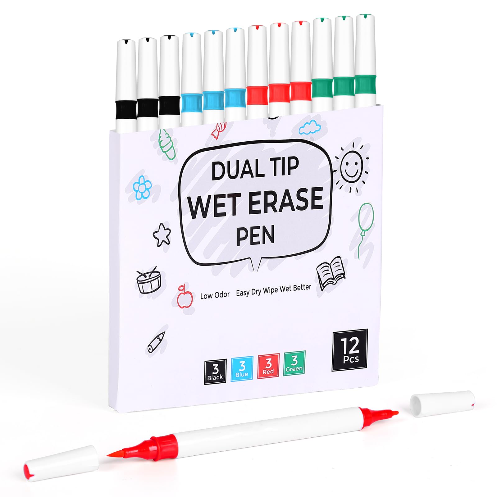 huesamhi Dual Tip Wet Erase Markers Fine Point,Multicolor Dry Erase Pens for Whiteboard, Glass, Fridge - Low Odor, Non-Toxic, 4 Colors 12pcs gift