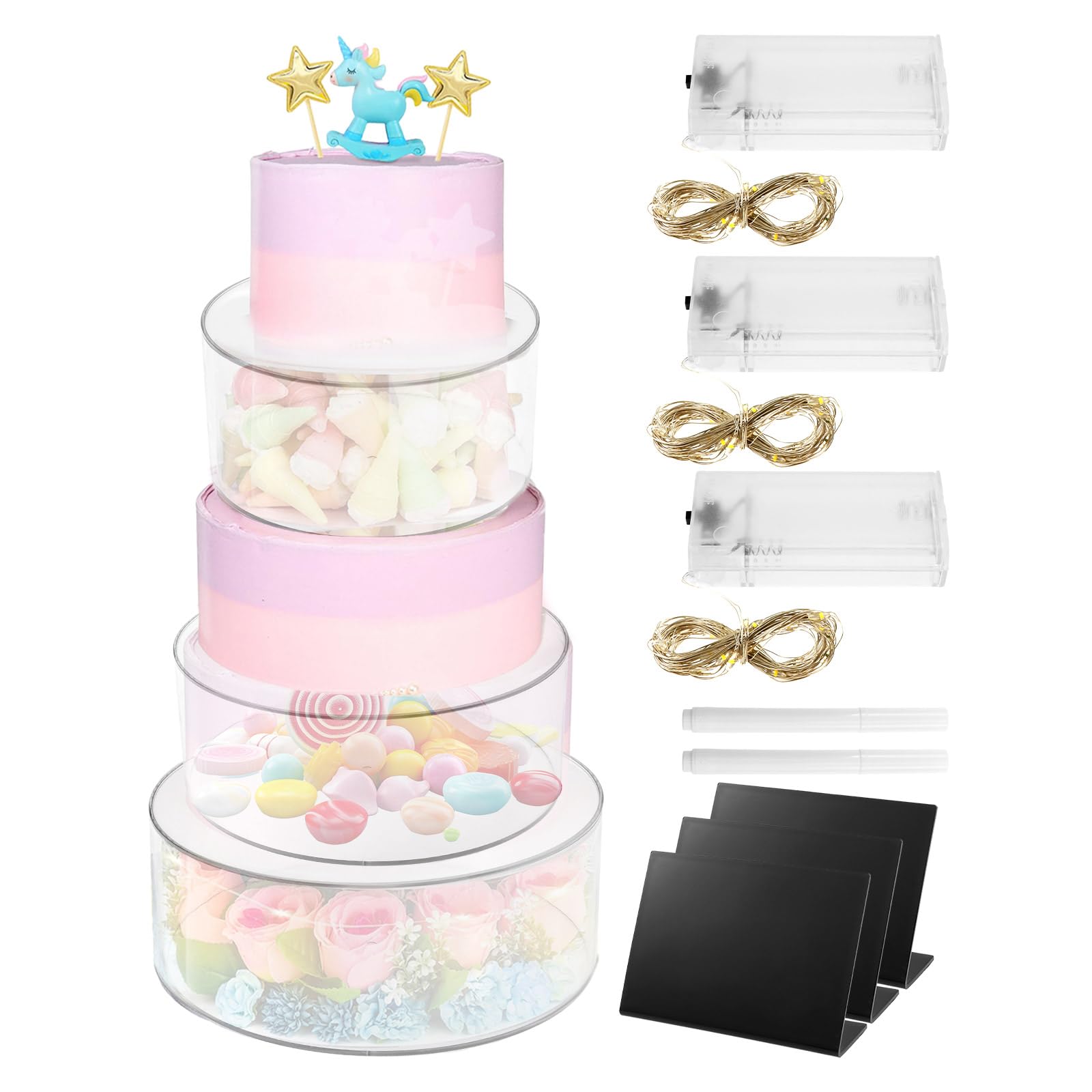 3Pcs Acrylic Cake Stand Round with LED Lights 6'', 8'', 10'' Clear Fillable Cake Riser 3 Tier Hollow Bottom Stackable Cylinder Cake Display Riser for Wedding Birthday Holiday Party Food Display