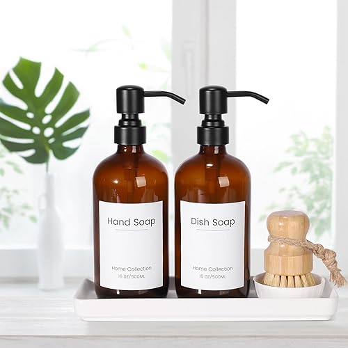 Miniatura 9 de Dispensador de jabón de vidrio de diseño antiguo dispensador de jabón de primera calidad para cocina con bandeja de bambú de bomba impermeable, para