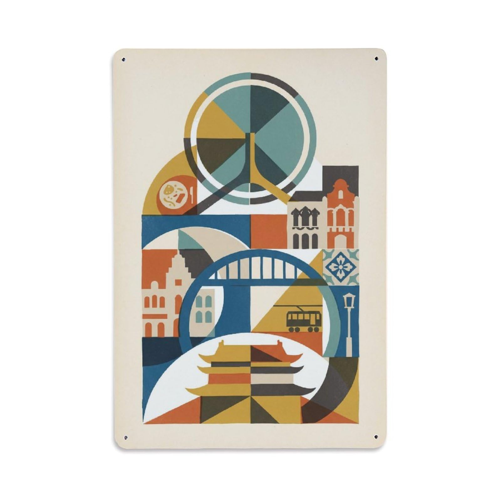 Okngb Style Landmark Mosaic Tianjin Urban Color Block Graphic Retro Metal Tin Sign Plaque Wall Decor For Cafe, Man Cave, Club Bar, Office, Home Garden Round Metal Poster 8X12inch