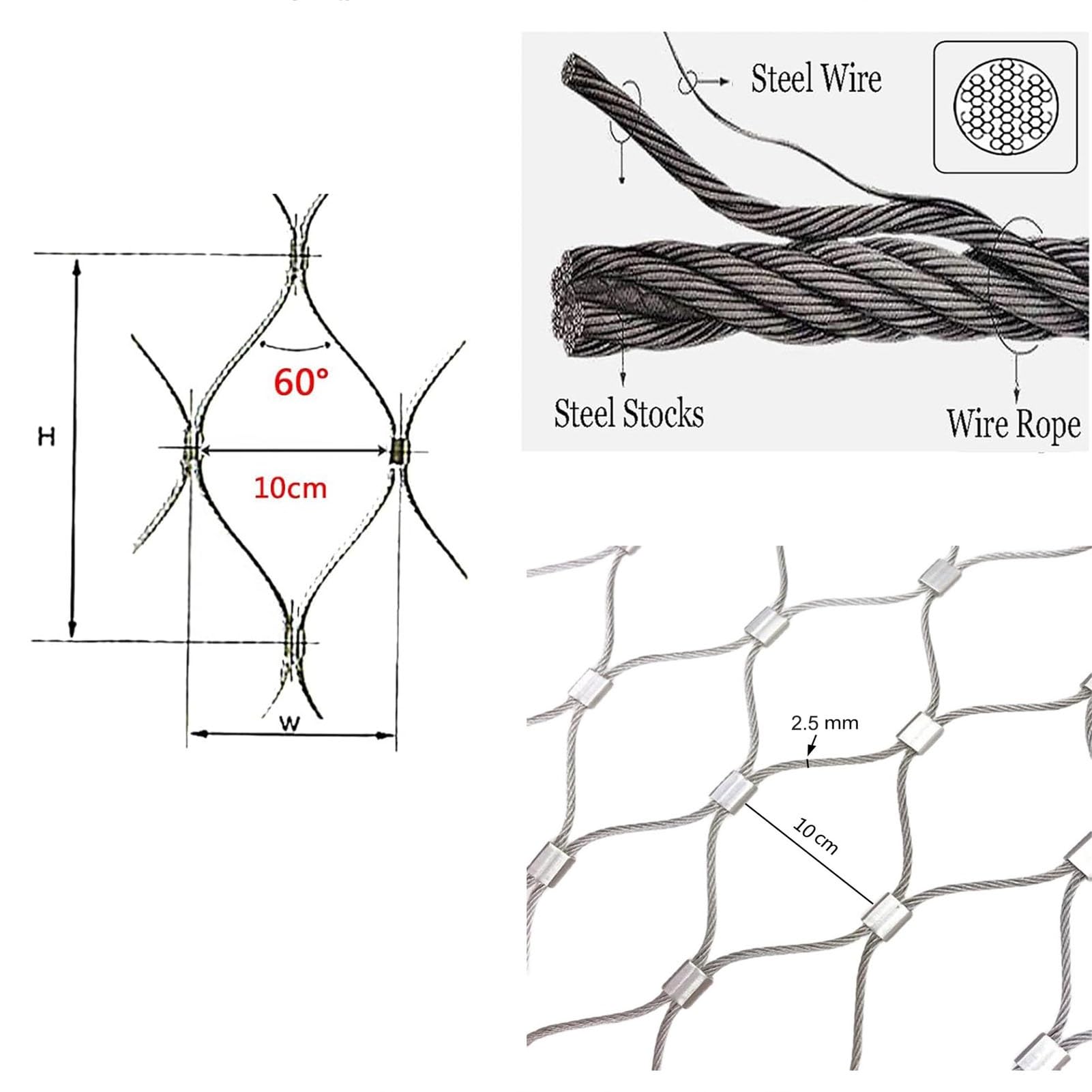 Filet de sécurité réglable en acier inoxydable 304 2,5 mm/10 cm pour balcons et propriétés agricoles 6 x 7 m