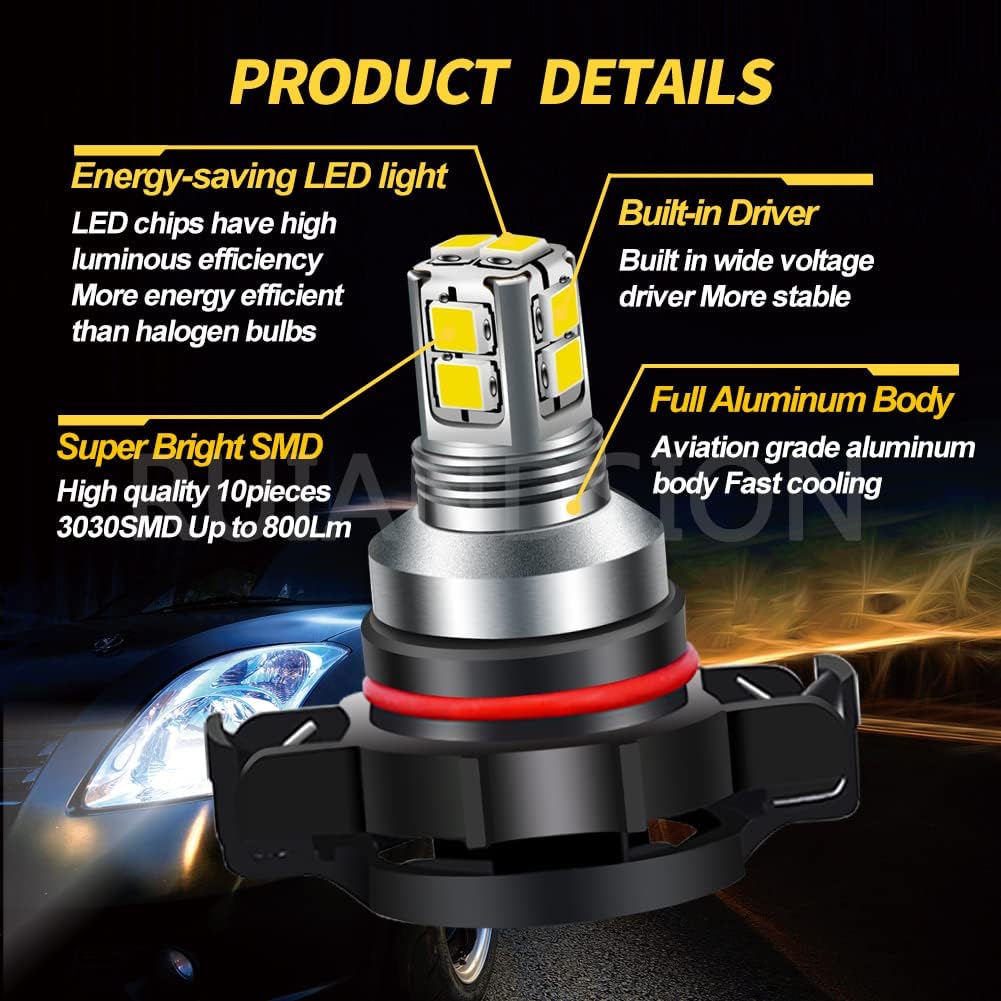 Ruiandsion 2pcs PY24W LED Bulbs Super Bright 10-30V 3030 10SMD Chipset Error Free Canbus Front Turn Signal Light Bulbs, White