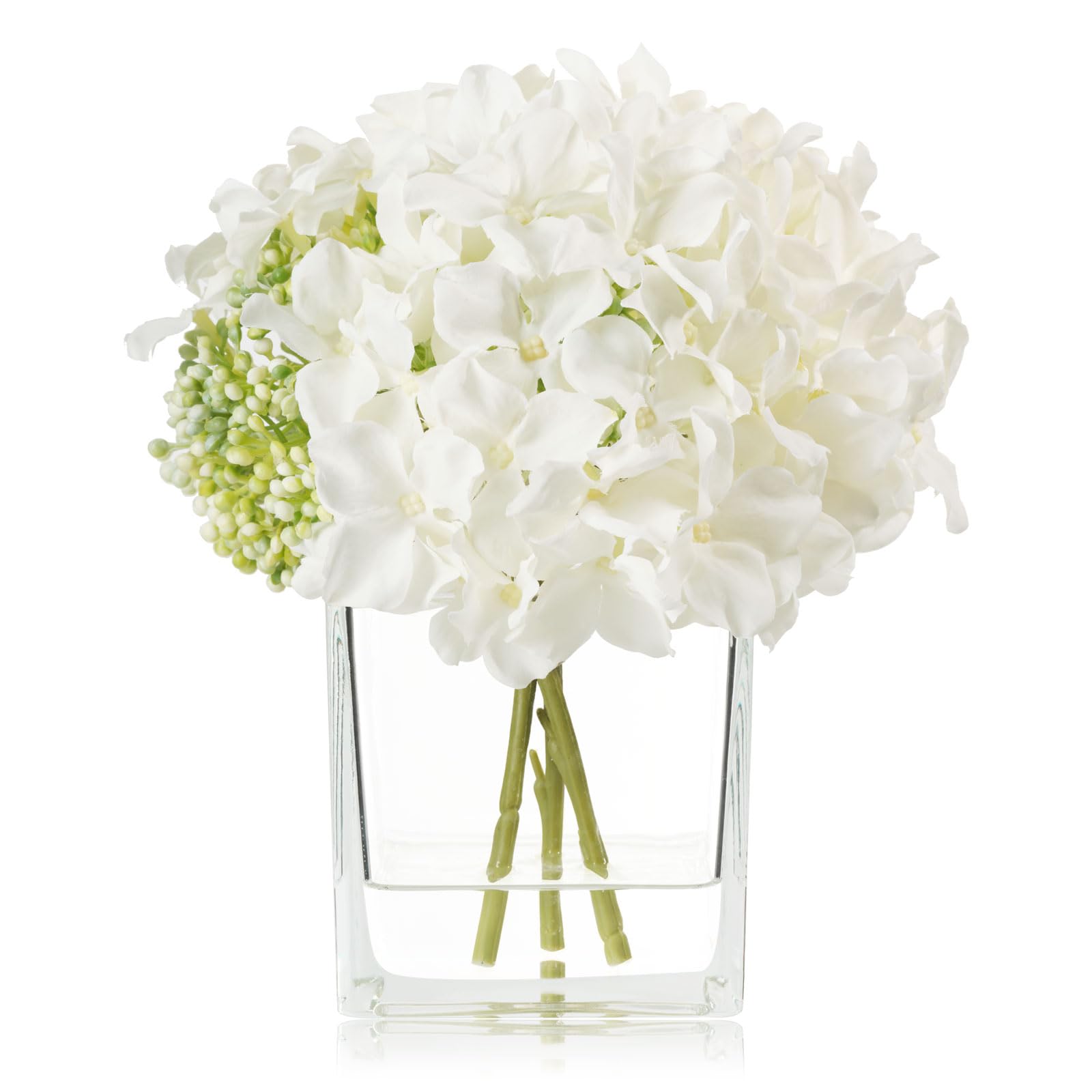 Well Known Artificial Hydrangea in Vase, Silk Hydrangea Flowers with Cube Vase Faux Flowers in Vase with Faux Water Flower Arrangements for Dining Room Decoration (White)