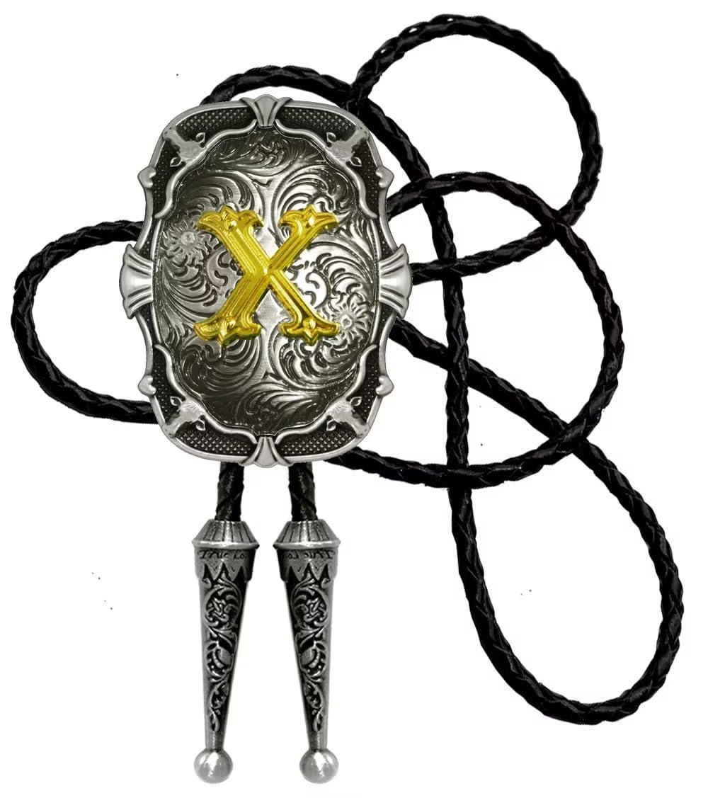Moranse Bolo Tie Silver Initial Letter A to Z In Western Cowboy Medal Style with Cowhide Rope Necktie