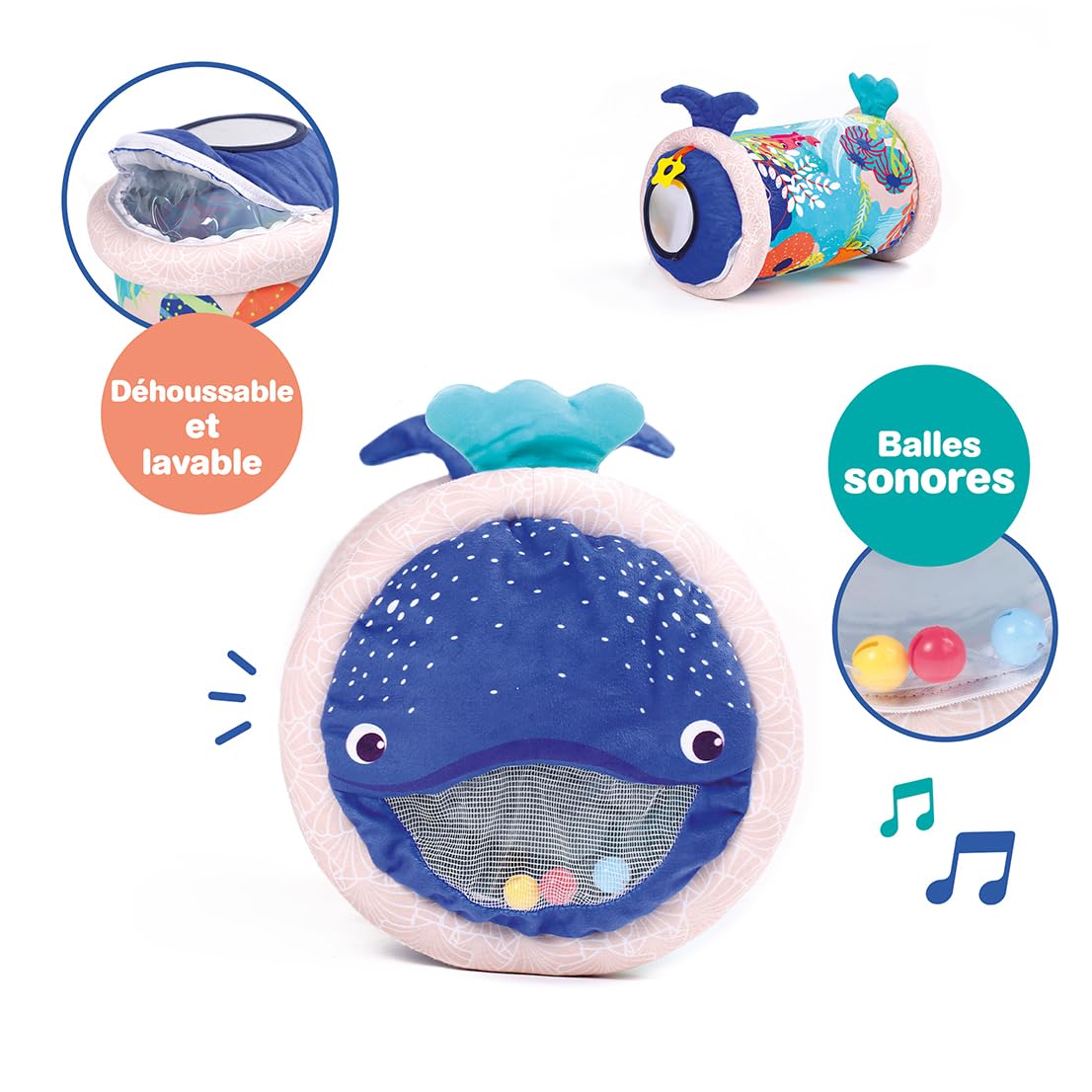 LUDI - Baby Roller Ballena - Rodillo Inflable de Actividades - 6 Actividades sensoriales - Desarrolla motricidad y Coordinación - A Partir de 6 Meses - 45 x 30 cm