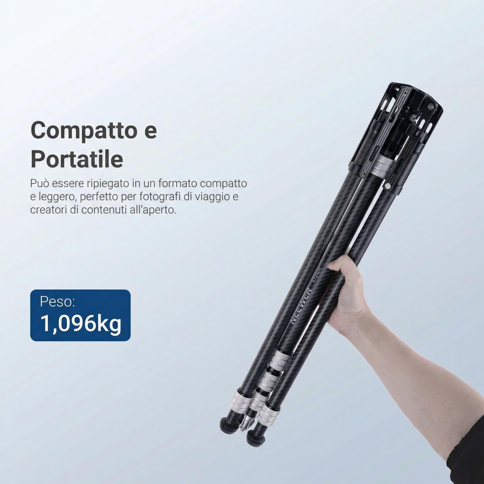 NEEWER Treppiede Luce in Fibra Carbonio con Gambe Reversibili, Stativo Luci Fotografiche Portatile Leggero 89-260cm per Strobo Softbox Ring Light Action Cam DSLR per Streaming Video, Max 3kg, ST260C