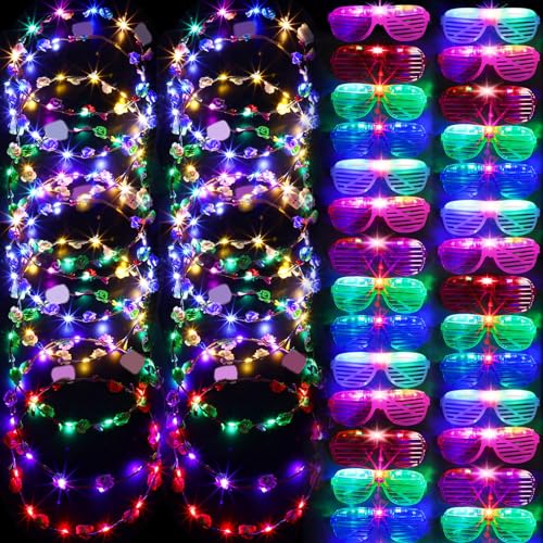 Honoson 48 Pack Glow in the Dark Party Supplies LED Glasses & Headband