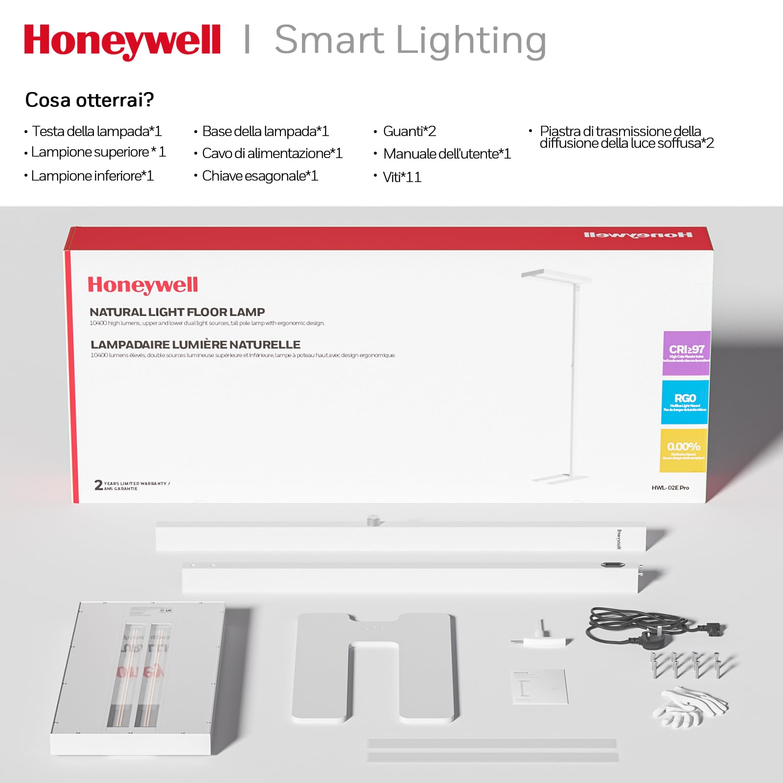 Honeywell 02E Lampada A Terra LED, 10400LM Sunturalux Protezione Occhi | 4000K, 100W luce naturale, lampada da lettura dimmerabile, lampada a terra moderna per ufficio domestico, soggiorno e camera