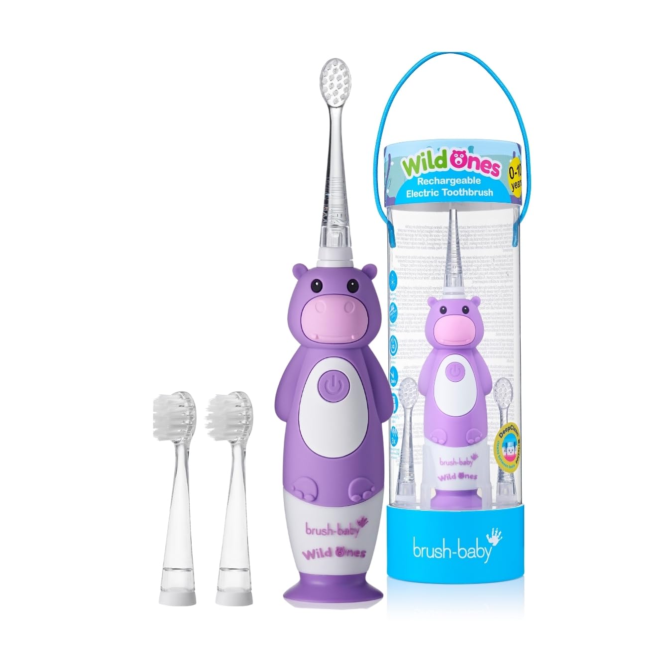 – Brush-Baby - Rechargeable Electric Toothbrush for Kids, 0-10 Years - WildOnes, Hippo Design with Flashing Lights - DeepClean Bristles for Superior Clean - 2X Replacement Heads, 1x USB Cable