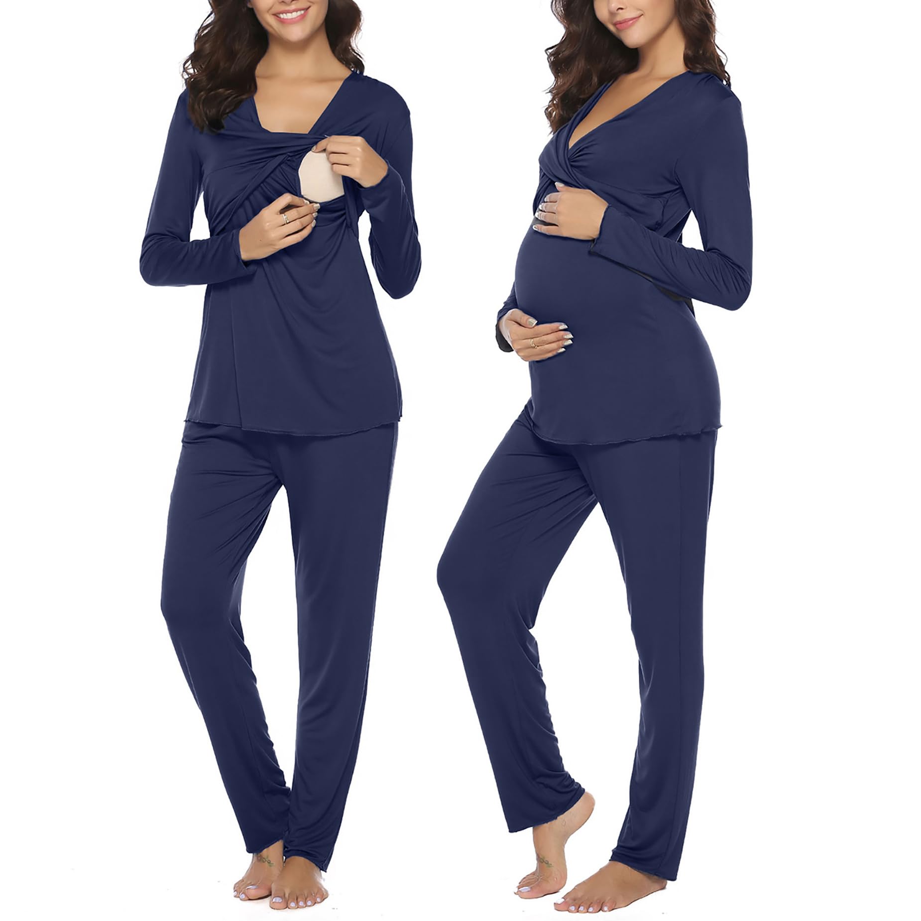 Women's Maternity Pyjamas Set Cotton Breastfeeding Nursing Nightwear PJ Set Long Sleeve Sleepwear Pregnancy for Hospital Home