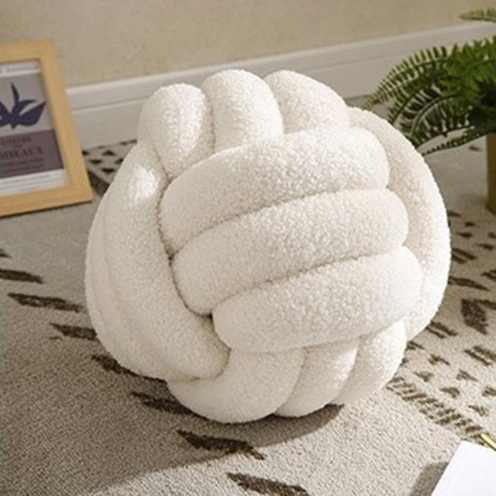Rund Knotenkissen Beige, 28cm Ball Dekokissen Beige Weiß, Boucle Knoten Zierkissen Aesthetic Sofakissen aus Lamm Samt, Bett Deko Kissen Runden für Kind Schlafzimmer (Packung mit 2)