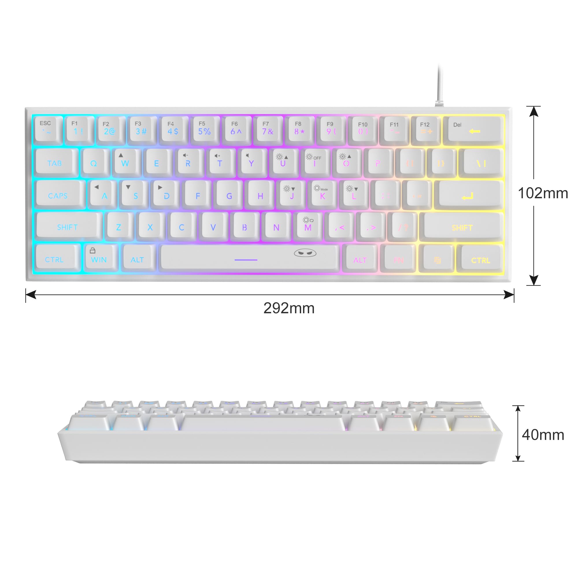 MageGee Tastiera da gioco al 60%, impermeabile, ultra-compatta, mini tastiera a 61 tasti, retroilluminata RGB, tastiera portatile per computer Mac Windows Laptop Xbox PS PC (bianco)