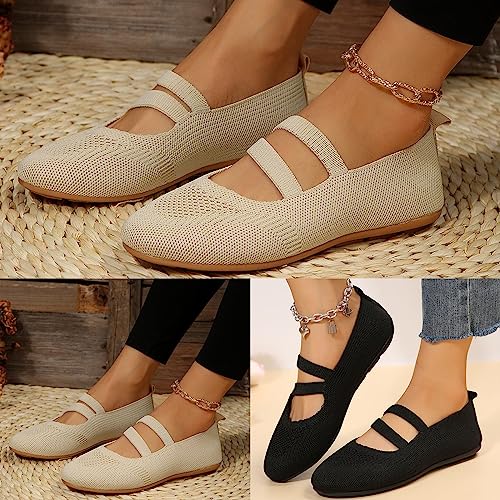 Knit Flats for Women Round Toe Slip On Mary Jane Shoes Womens Comfortable Ankle Strap Casual Ballet Flats Breathable Solid Color Lightweight Non-Slip Ballerina Walking Dance Shoes4