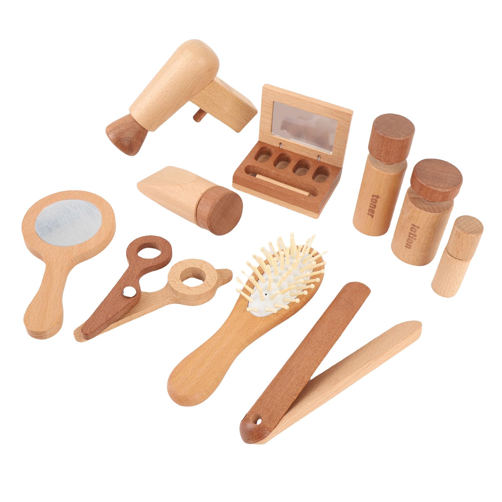 Juego de 11 juguetes de maquillaje de madera para juegos de rol creativos, bonito salón de belleza, con secador de pelo, espejo y accesorios para niñas