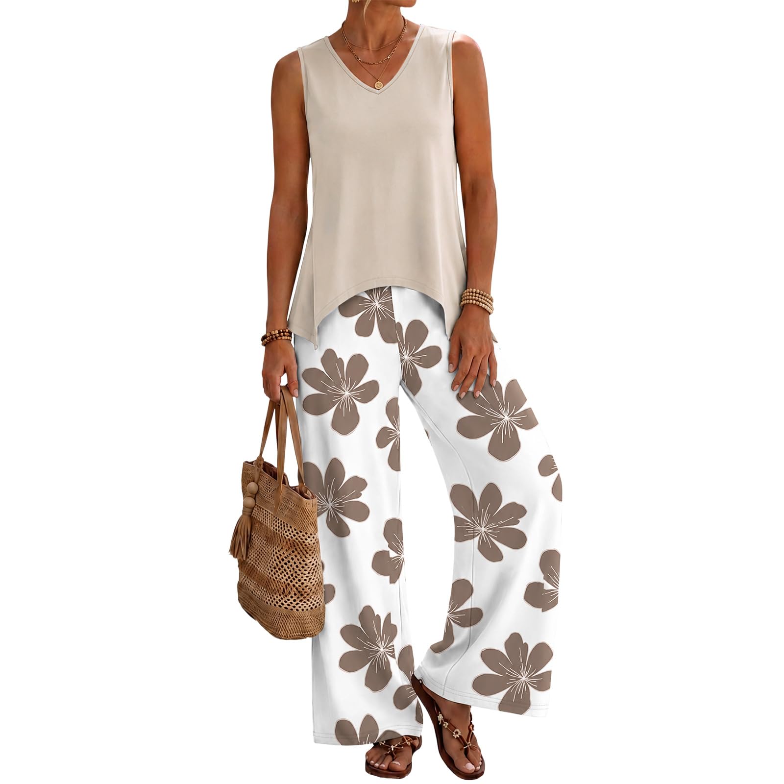 2 teiler damen elegant Zweiteiliger Sommer Leinenanzug für Damen: Baumwoll Oberteil mit asymmetrischem V Ausschnitt, ärmellos, einfarbig, weite Hose mit Blumenmuster, atmungsaktiver 2 (Brown, S)