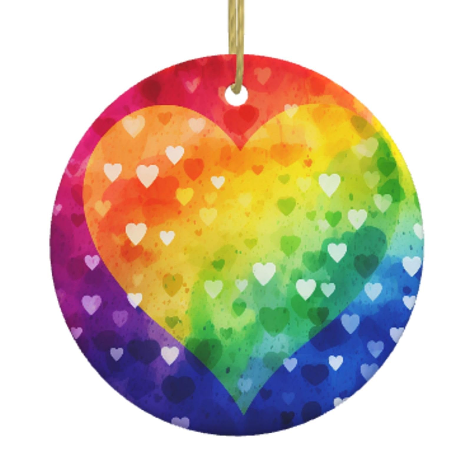 Ceramic Christmas Tree Hanging Ornaments with Gold Ropes Christmas Tree Decorations Round Ceramic Colorful Rainbow Love Heart Pendant Keepsake Decorations for Holiday Xmas Gift Ideas