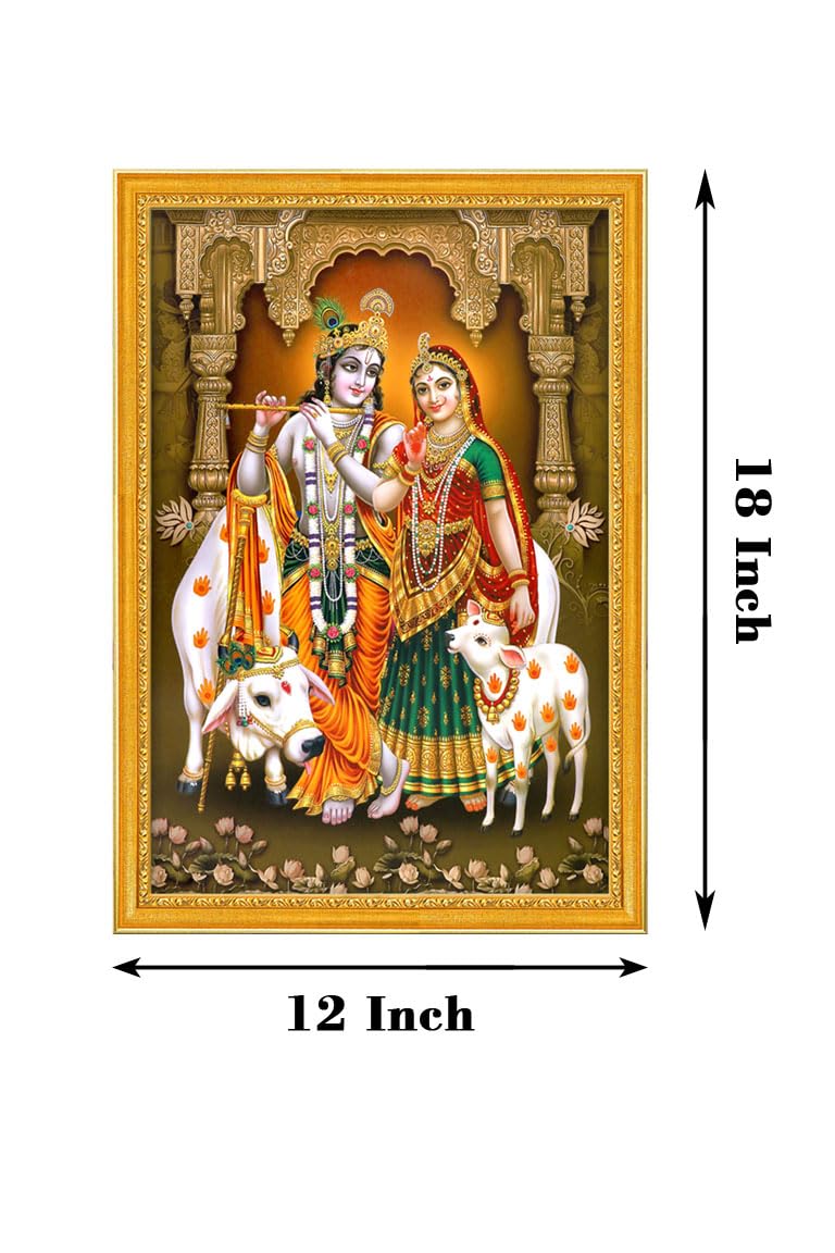 999STORE Pan Radha Kryszna ze swoją krową Obraz fotograficzny z ramką na zdjęcia dla Mandir/Temple Radha Krishna (MDF i włókno_30 x 45 cm) GodSZ20189