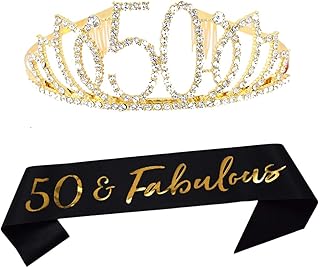 50th Birthday Tiara and Sash Happy 50th Birthday Party Supplies 50 Fabulous Black Glitter Satin Sash and Crystal Tiara Princess Birthday Crown for Women 50th Birthday Party Decorations