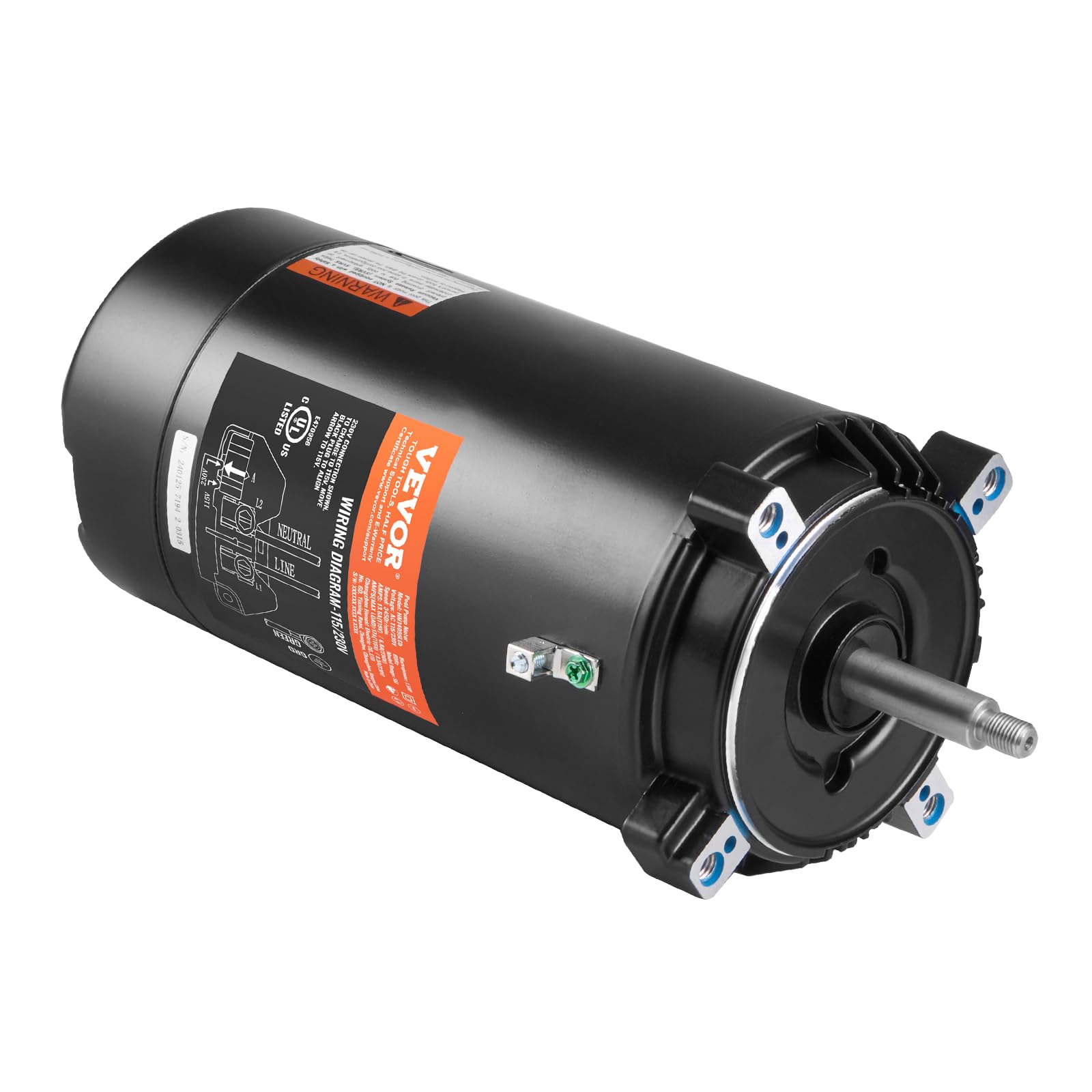 VEVOR 1.5 HP Pool Pump Motor, 56J Frame, 115V(13.6 Amps)/230V(6.8 Amps) 3450 RPM, 60Hz, 1.3 Service Factor, 90?F/250V Capacitor, CCW Rotation Round Flange Replacement Motor