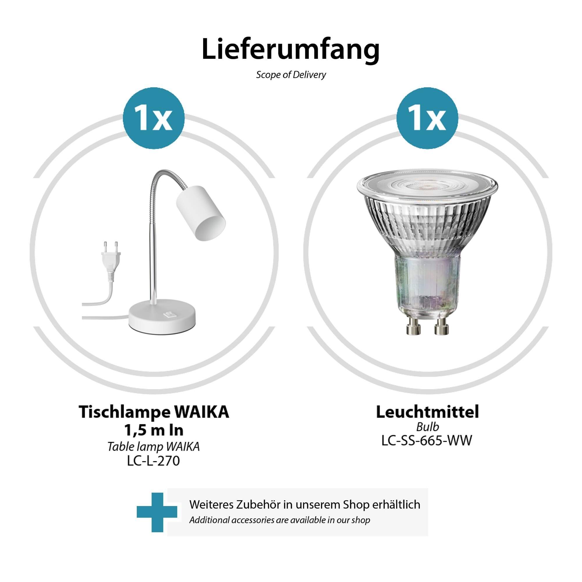 ledscom.de 2x Tischleuchte WAIKA Schwanenhals Schalter weiß matt + GU10 LED, PAR16, warmweiß, 6,05W, 374lm, 70°, 3-Stufen-Dimmer