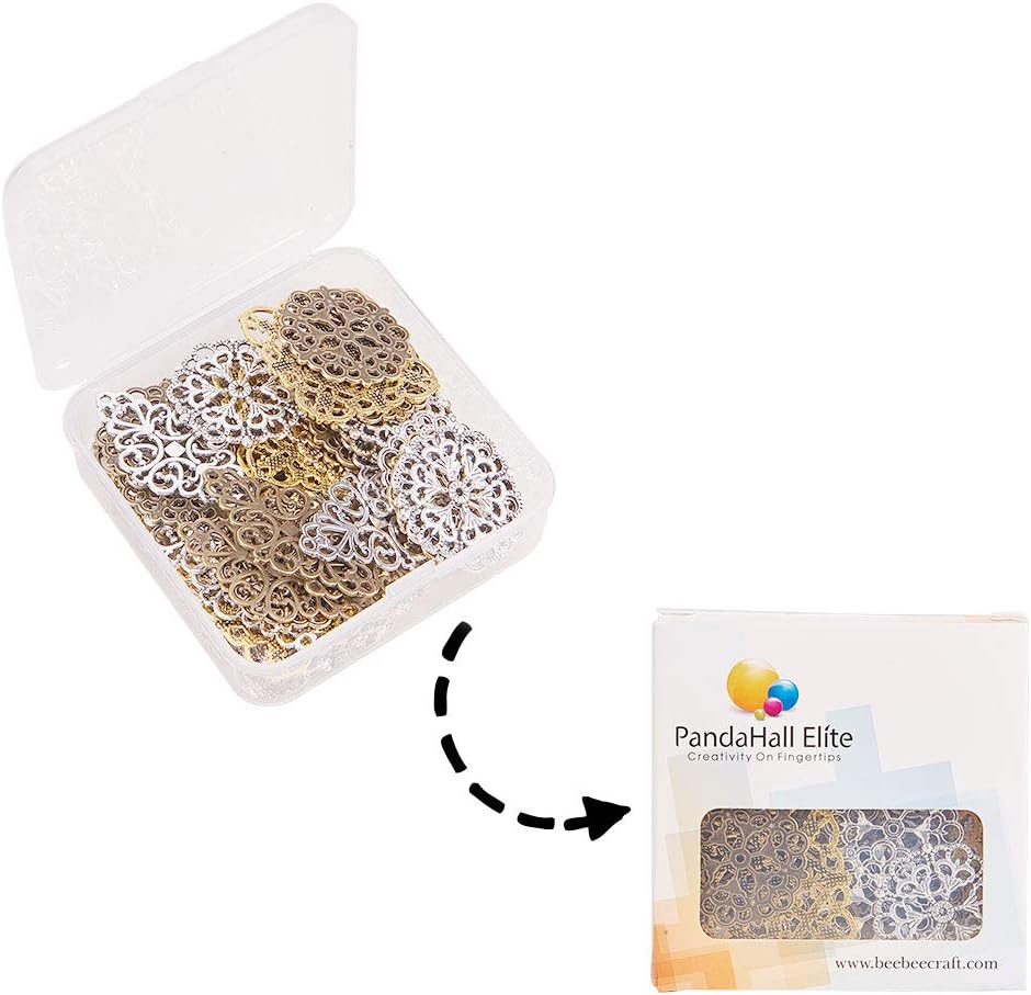 PH PandaHall 40pcs Filigree Connectors, 3 Color Rhombus Flower Charms Hollow Pendants Tibetan Metal Filigree Embellishments for DIY Hairpin Headwear Earring Necklace Jewelry Making - Image 8