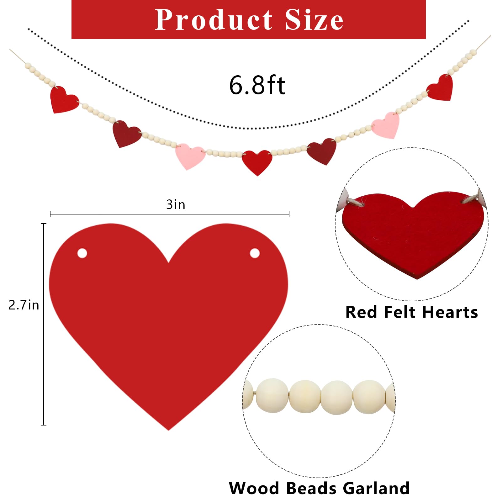 DAZONGE Decoración retro de San Valentín, guirnalda de cuentas de madera de corazones de fieltro para decoraciones de San Valentín, pancarta de fieltro roja y rosa, para boda, decoración de