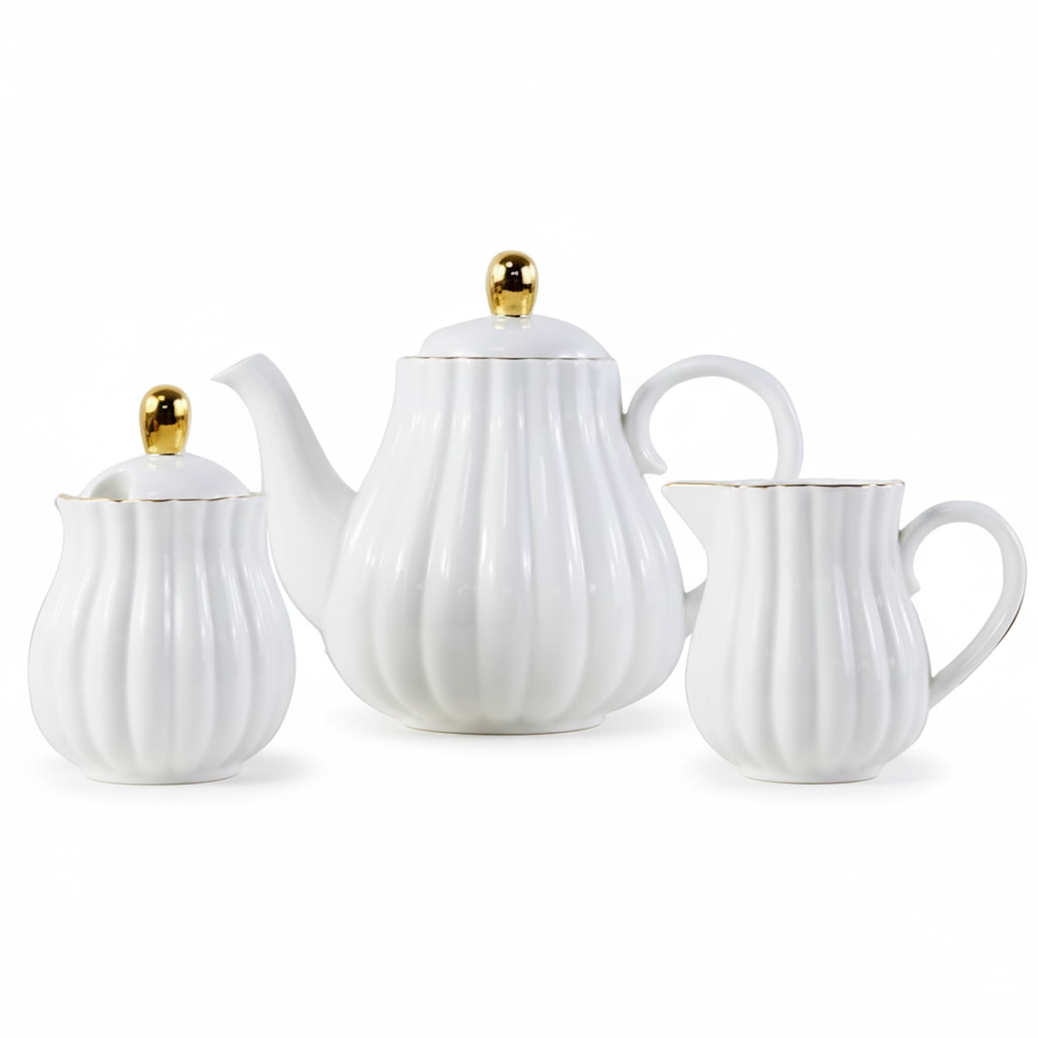 Striegro Sugar Bowl White Ceramic Teapot Set Teapot With Built-in Metal Filter, Sugar Bowl & Milk Jug..