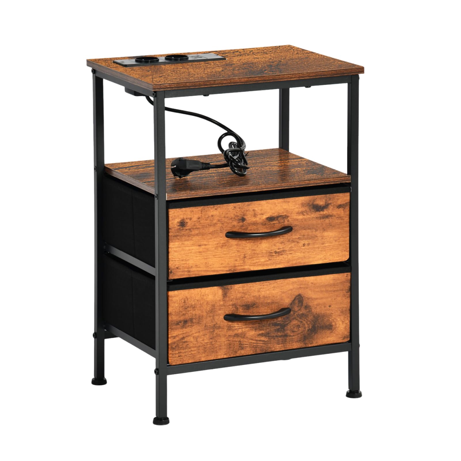 EGGREE Table de Chevet avec Station de Charge USB et Tiroirs en Tissu, Étagère,avec Ports USB et Prises de Courant, pour Chambre, Hôtel, Appartement, Petits Espaces. Marron Vintage