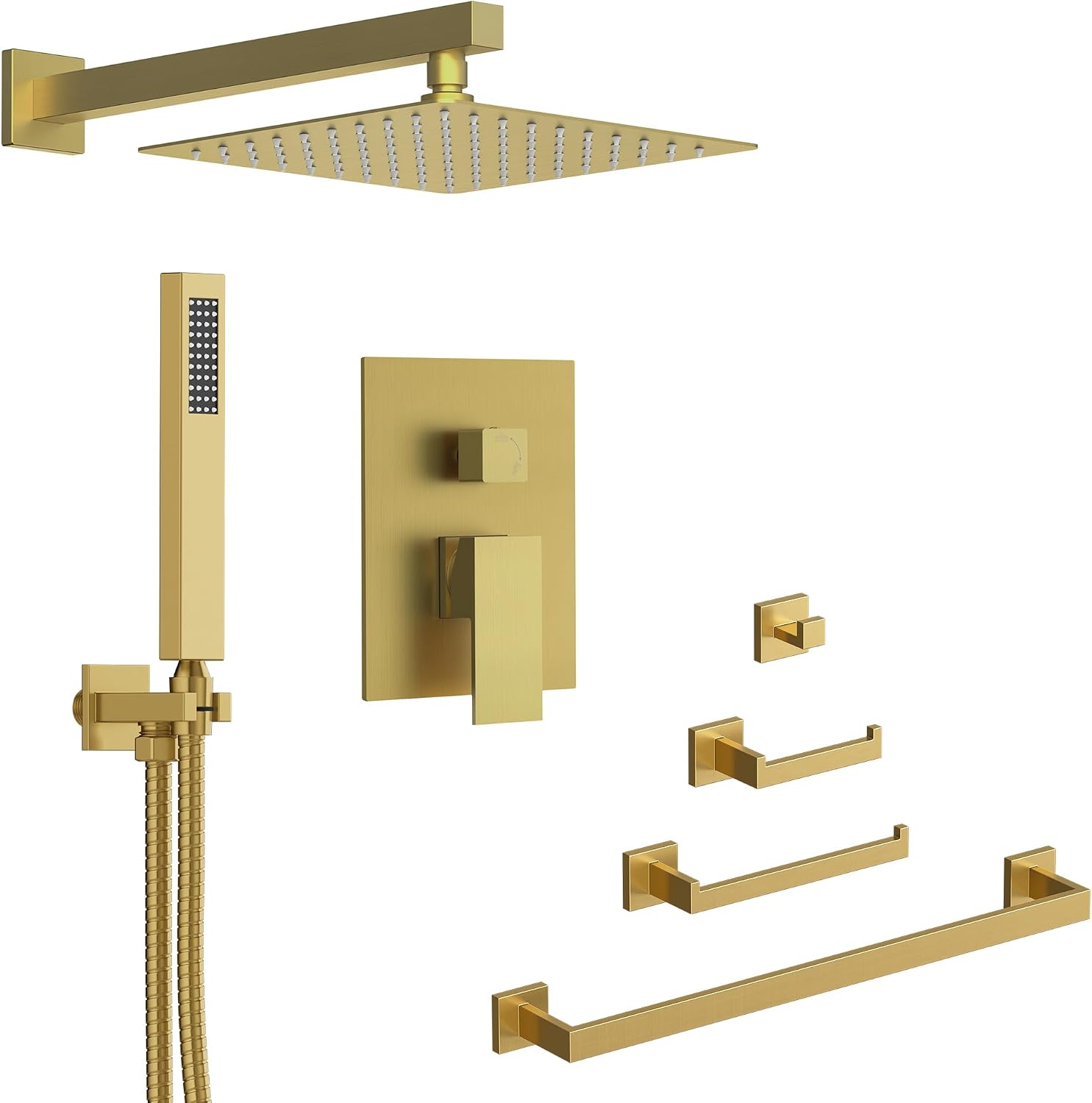 10" High Pressure Rainfall Shower System with Handheld Sprayer & 4-Piece Stainless Steel Bathroom Hardware Set Combo, Brushed Gold