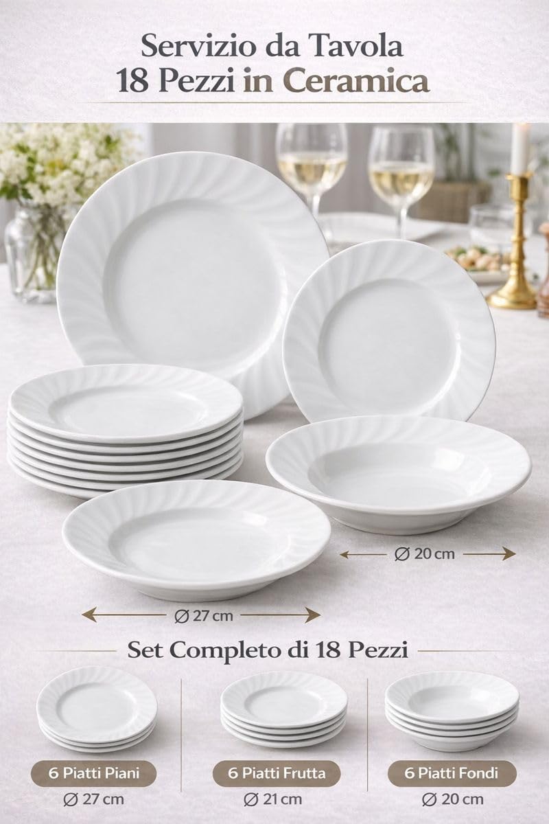 Set Piatti 18 Pezzi in Ceramica Bianca Margherita – Servizio da Tavola Elegante e Monocromatico – 6 Piatti Piani, 6 Piatti Fondi, 6 Piatti Frutta